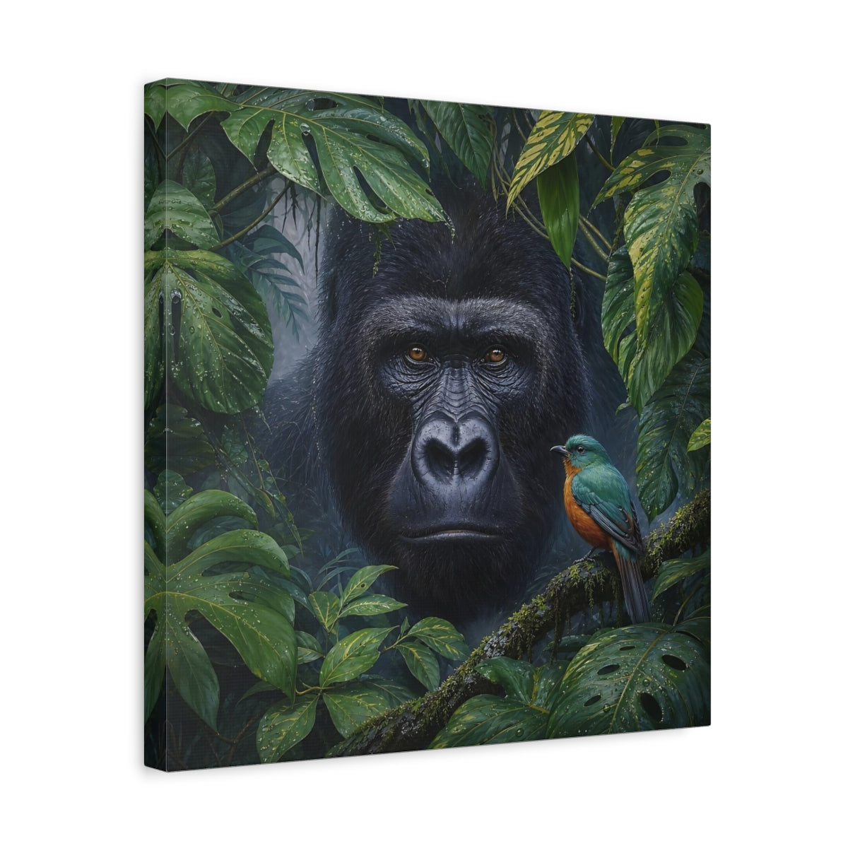 Side Mockup 6. Animals Gorilla, Bird Gorilla Jungle Green shown as stretched canvas wall art