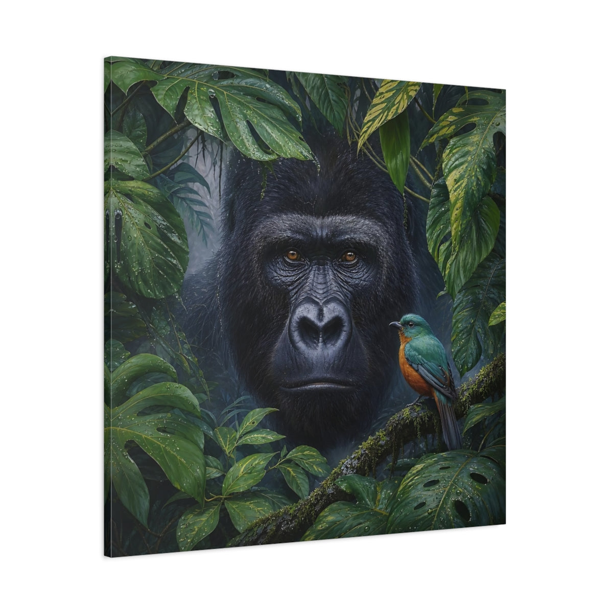 Side Mockup 1. Animals Gorilla, Bird Gorilla Jungle Green shown as stretched canvas wall art