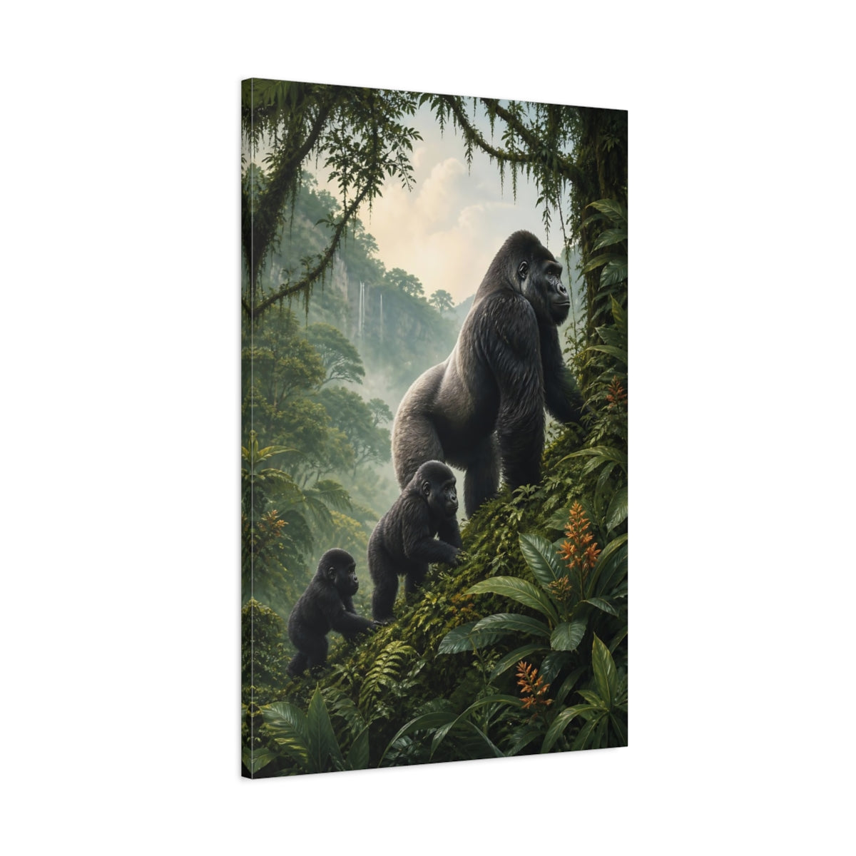 Main Mockup. Animals Gorilla Family Green Rainforest shown as stretched canvas wall art