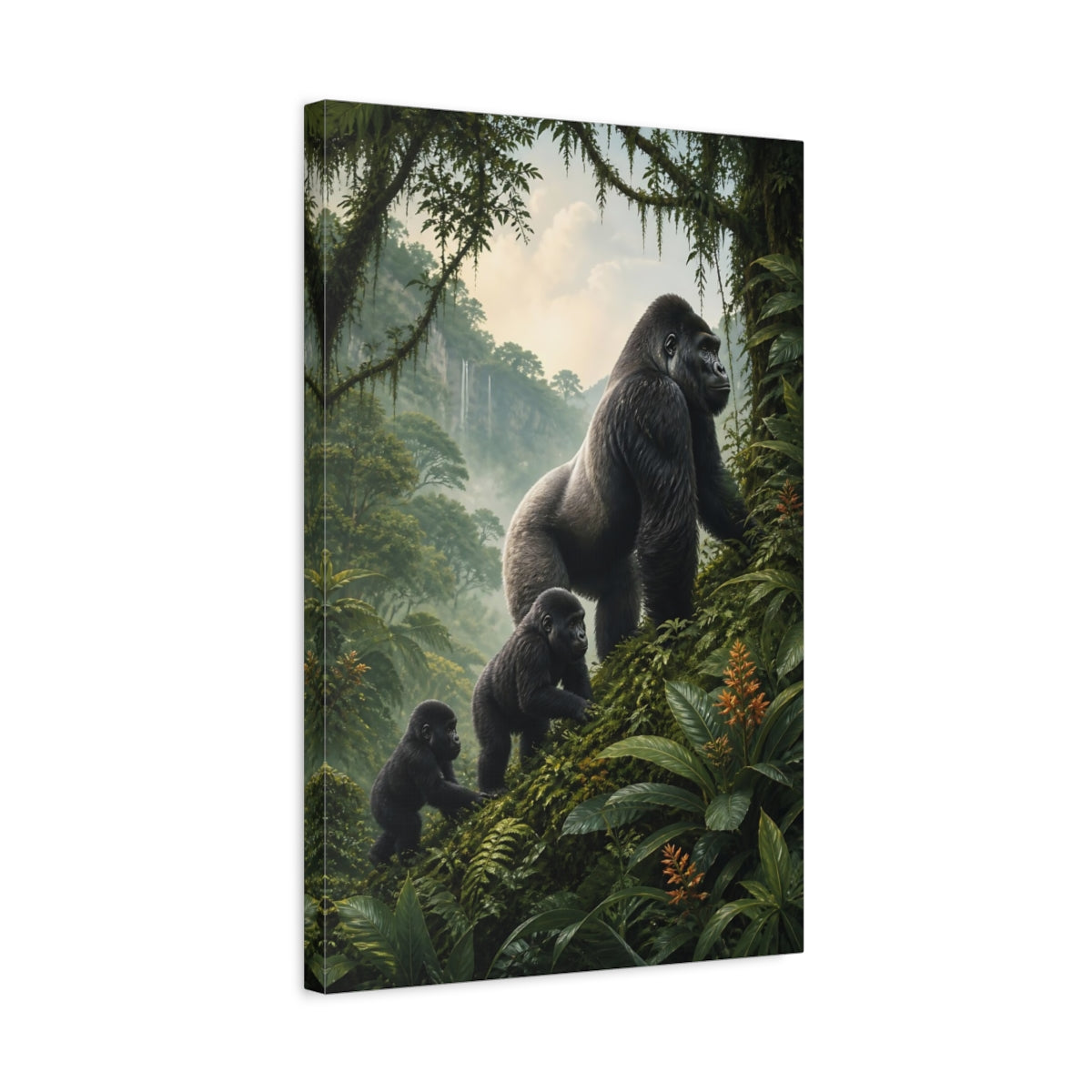 Side Mockup 3. Animals Gorilla Family Green Rainforest shown as stretched canvas wall art