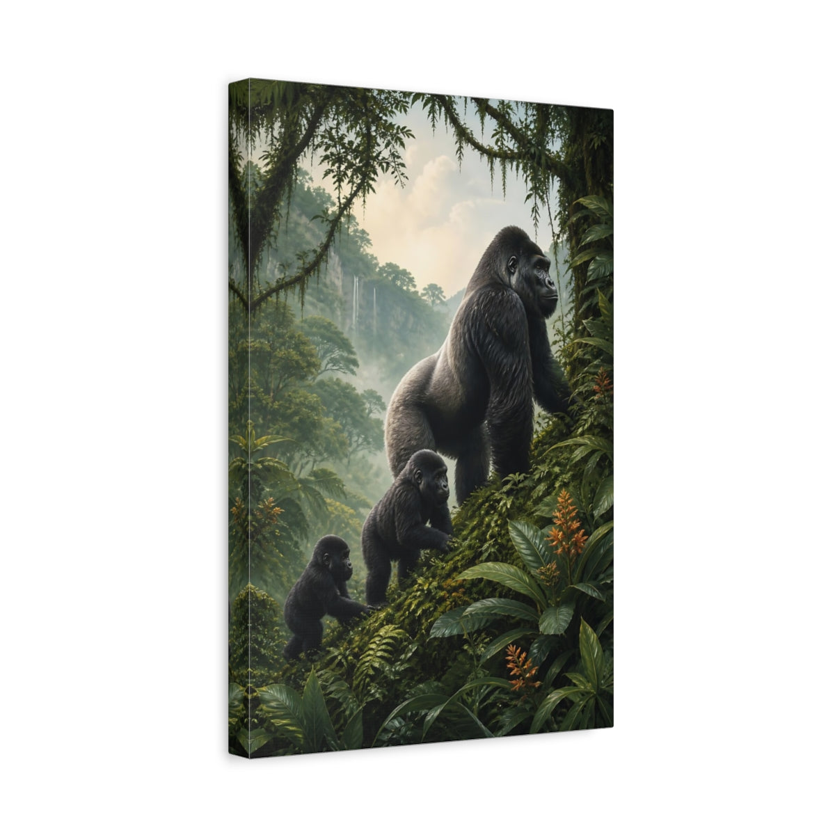 Side Mockup 4. Animals Gorilla Family Green Rainforest shown as stretched canvas wall art