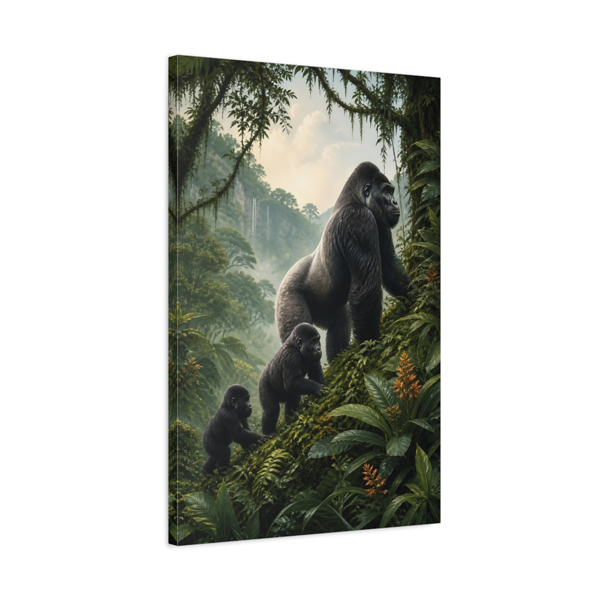 Side Mockup 2. Animals Gorilla Family Green Rainforest shown as stretched canvas wall art
