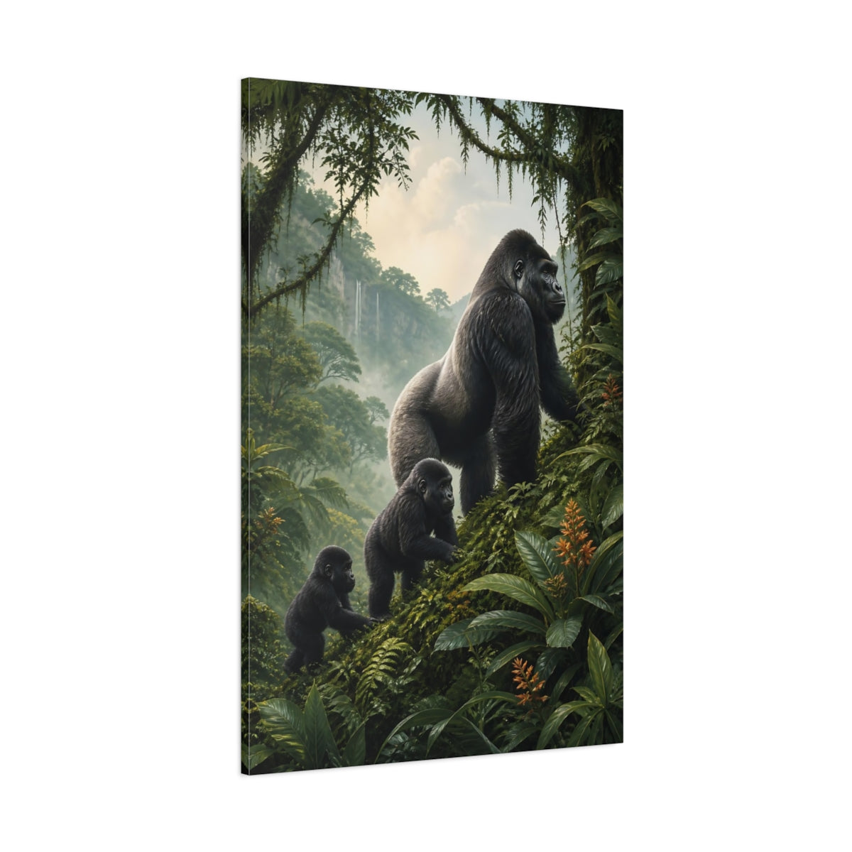 Side Mockup 1. Animals Gorilla Family Green Rainforest shown as stretched canvas wall art