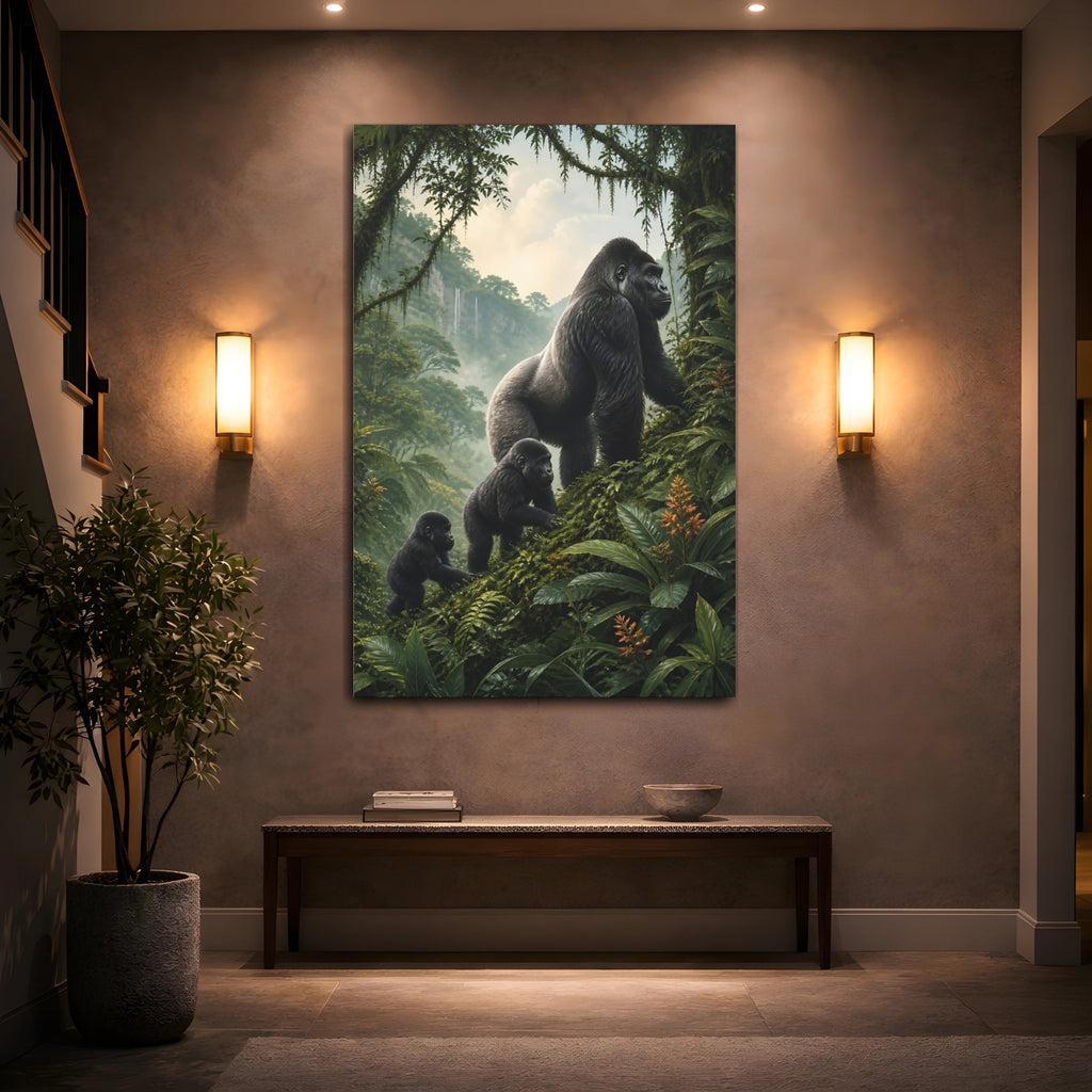 Mockup 2. Animals Gorilla Family Green Rainforest shown as stretched canvas wall art