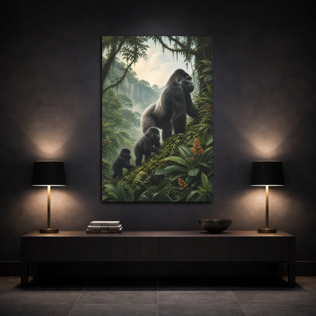 Mockup 3. Animals Gorilla Family Green Rainforest shown as stretched canvas wall art