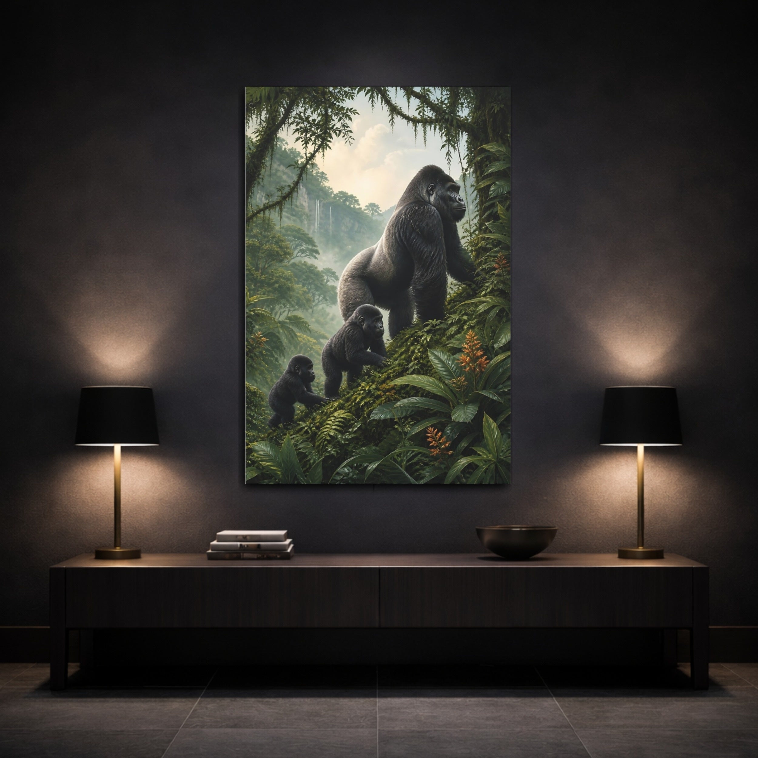 Mockup 3. Animals Gorilla Family Green Rainforest shown as stretched canvas wall art