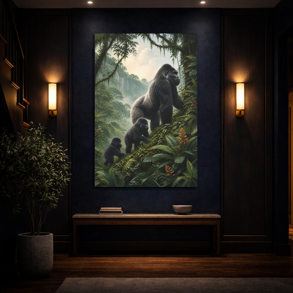 Mockup 4. Animals Gorilla Family Green Rainforest shown as stretched canvas wall art