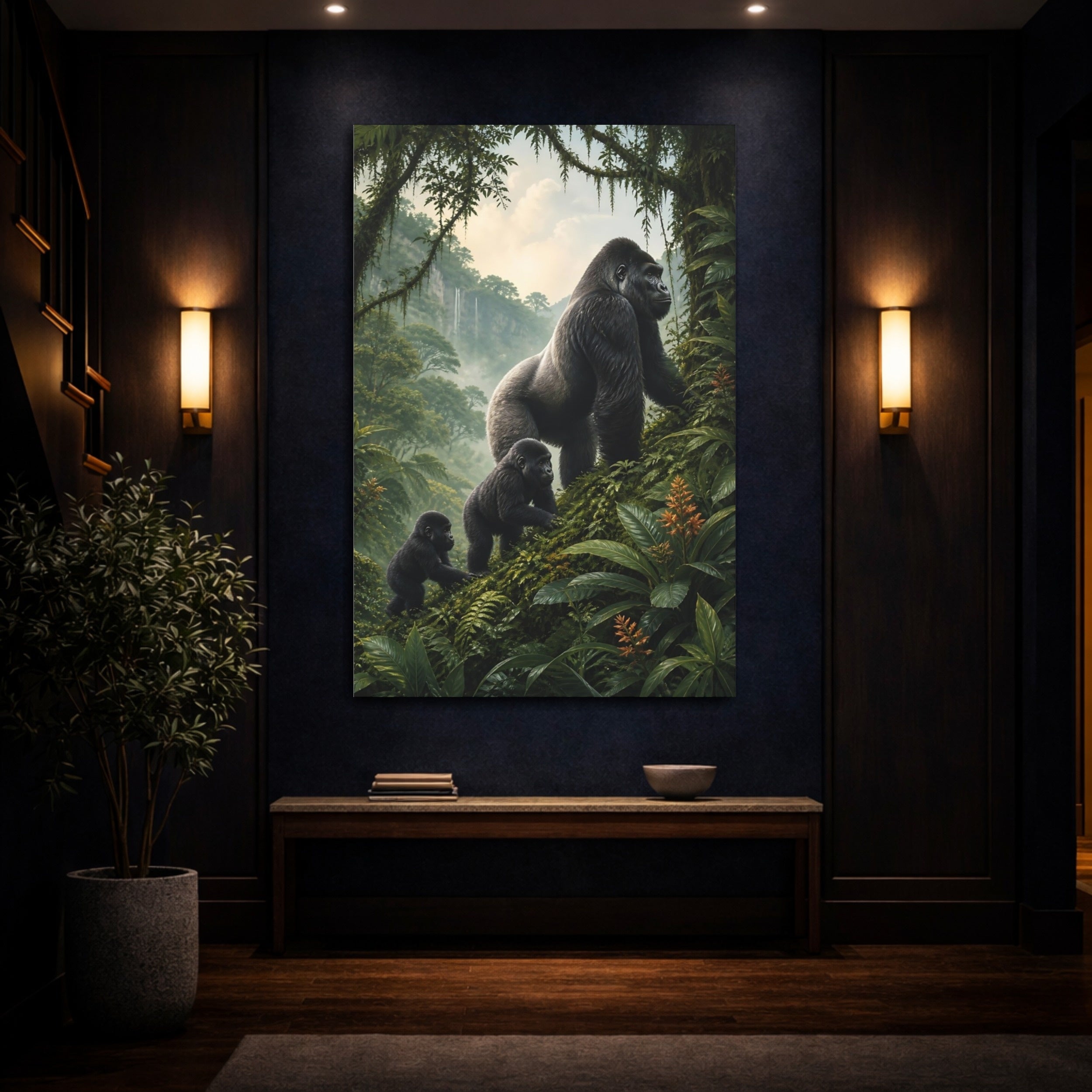 Mockup 4. Animals Gorilla Family Green Rainforest shown as stretched canvas wall art