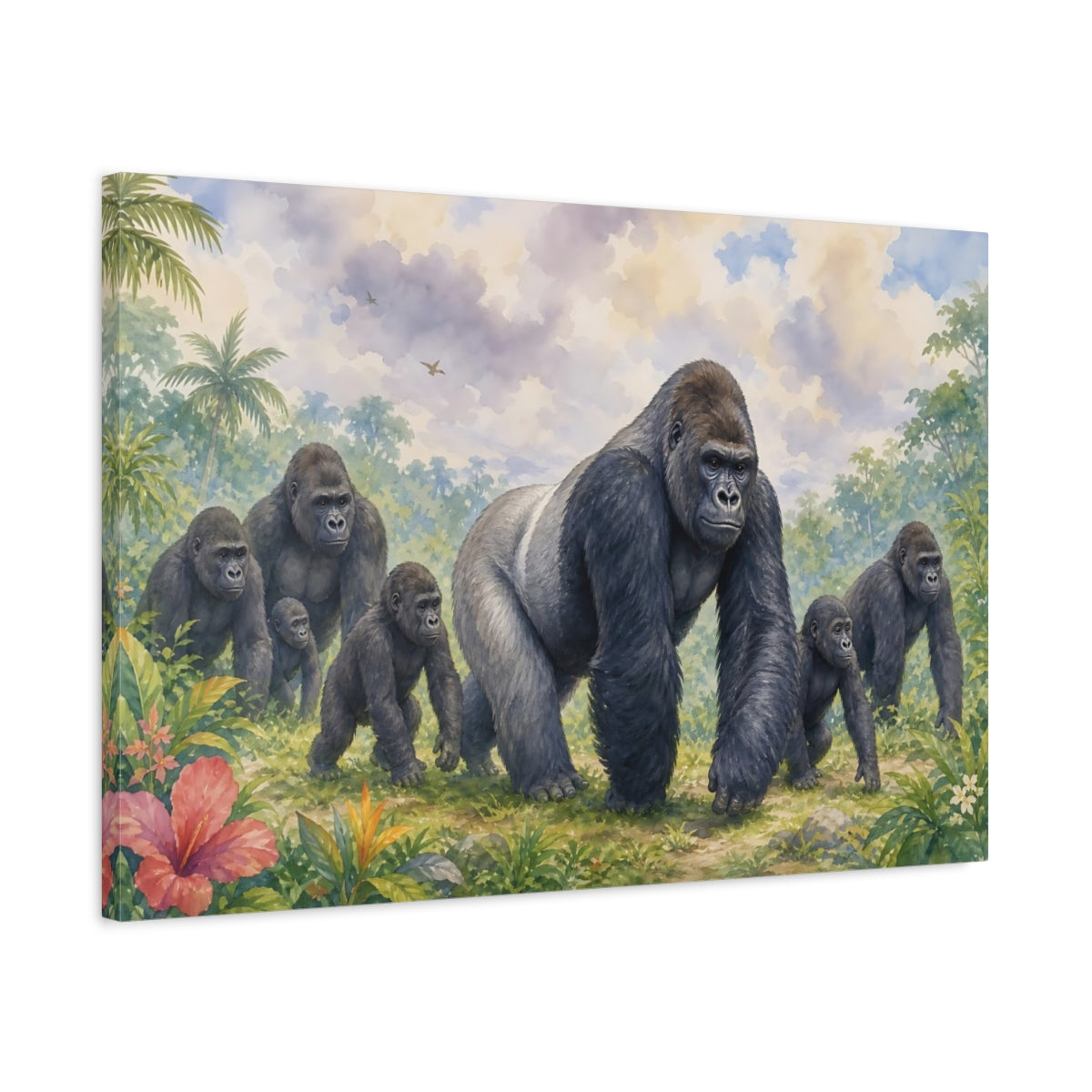 Side Mockup 2. Animals Gorilla Family Jungle Gorillas shown as stretched canvas wall art