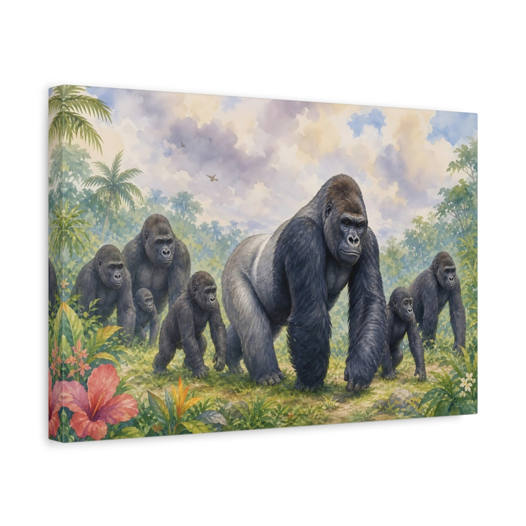 Side Mockup 4. Animals Gorilla Family Jungle Gorillas shown as stretched canvas wall art