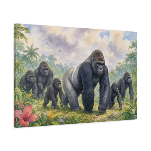 Main Mockup. Animals Gorilla Family Jungle Gorillas shown as stretched canvas wall art
