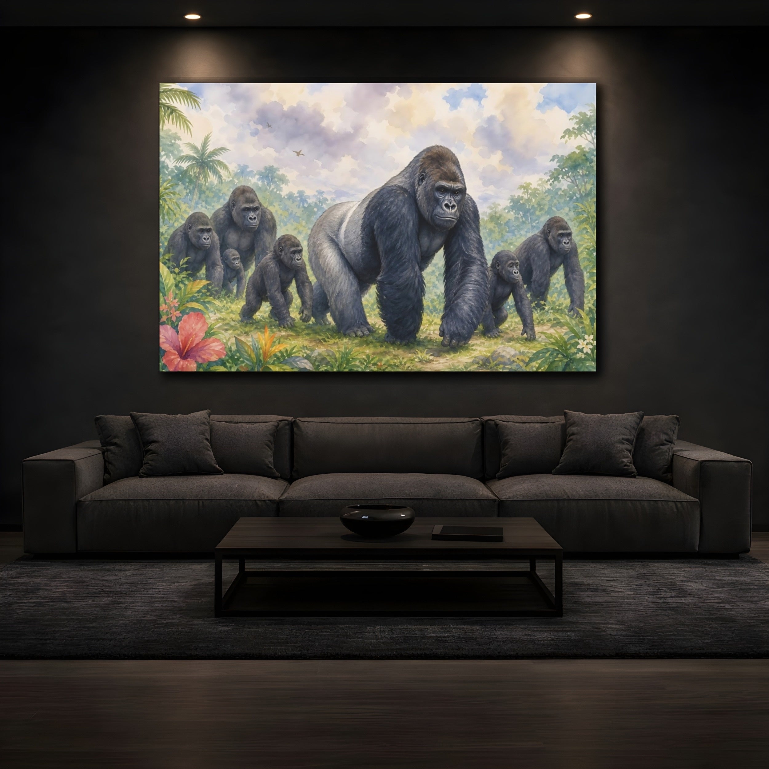 Mockup 3. Animals Gorilla Family Jungle Gorillas shown as stretched canvas wall art