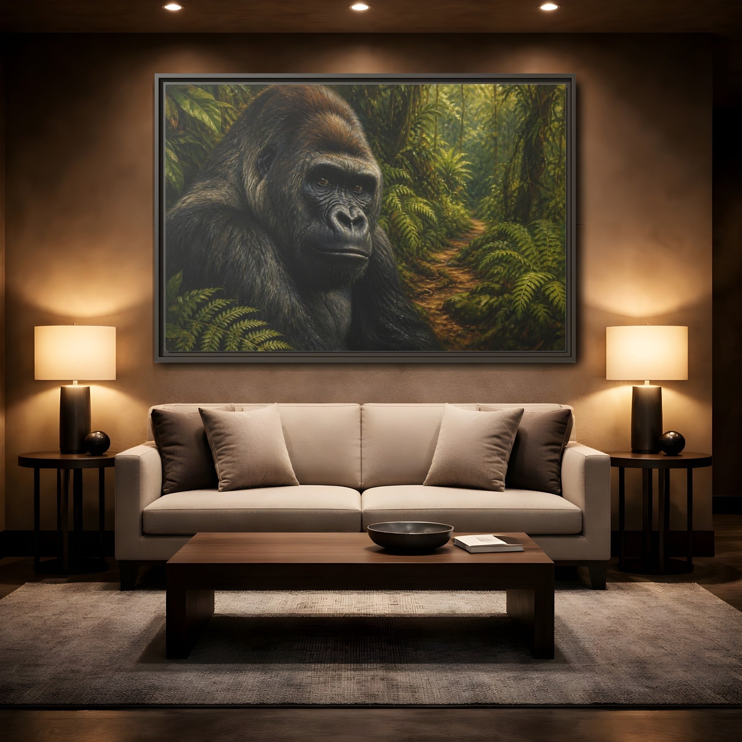 Mockup 2. Animals Gorilla Green And Brown Gorilla shown as stretched canvas wall art
