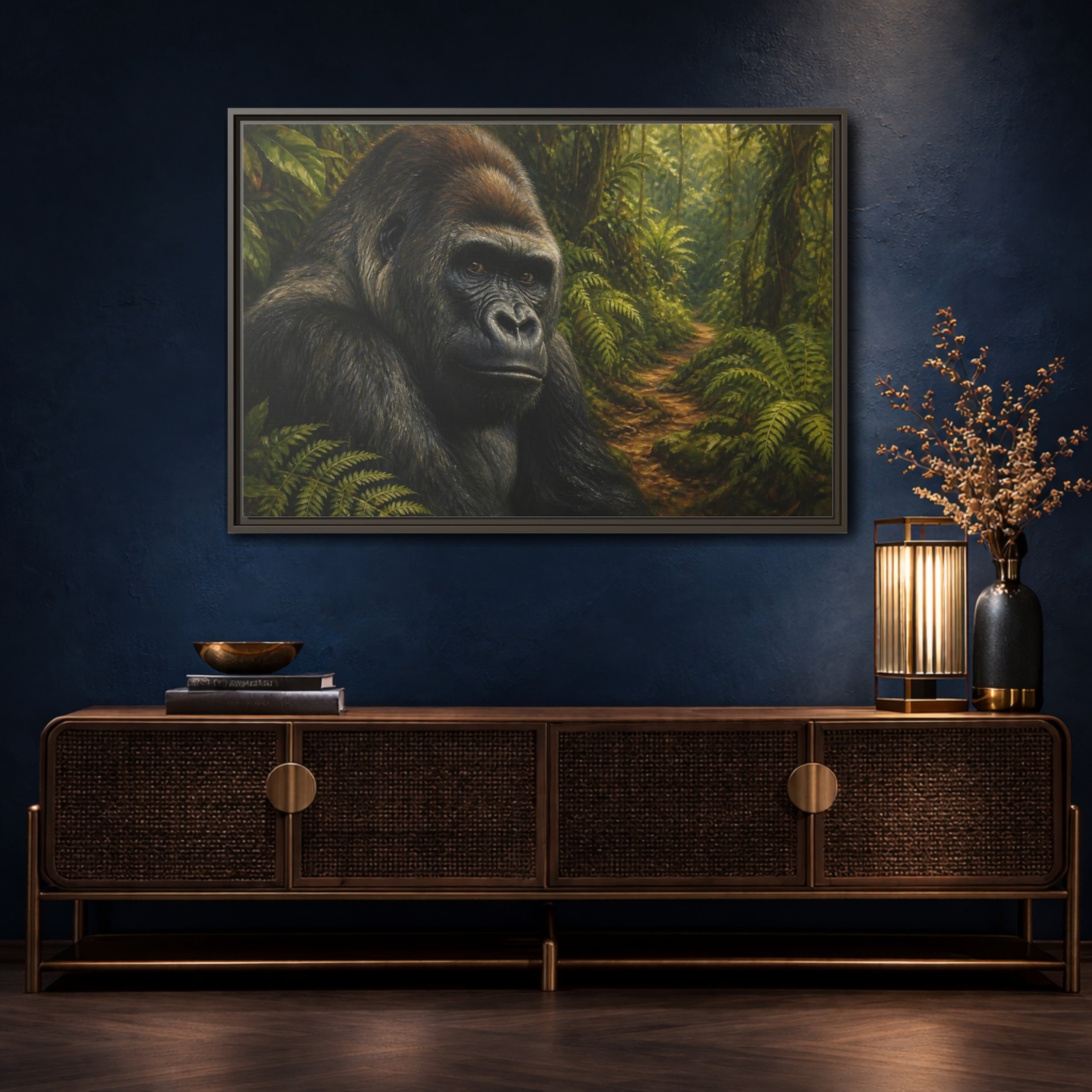 Mockup 4. Animals Gorilla Green And Brown Gorilla shown as stretched canvas wall art