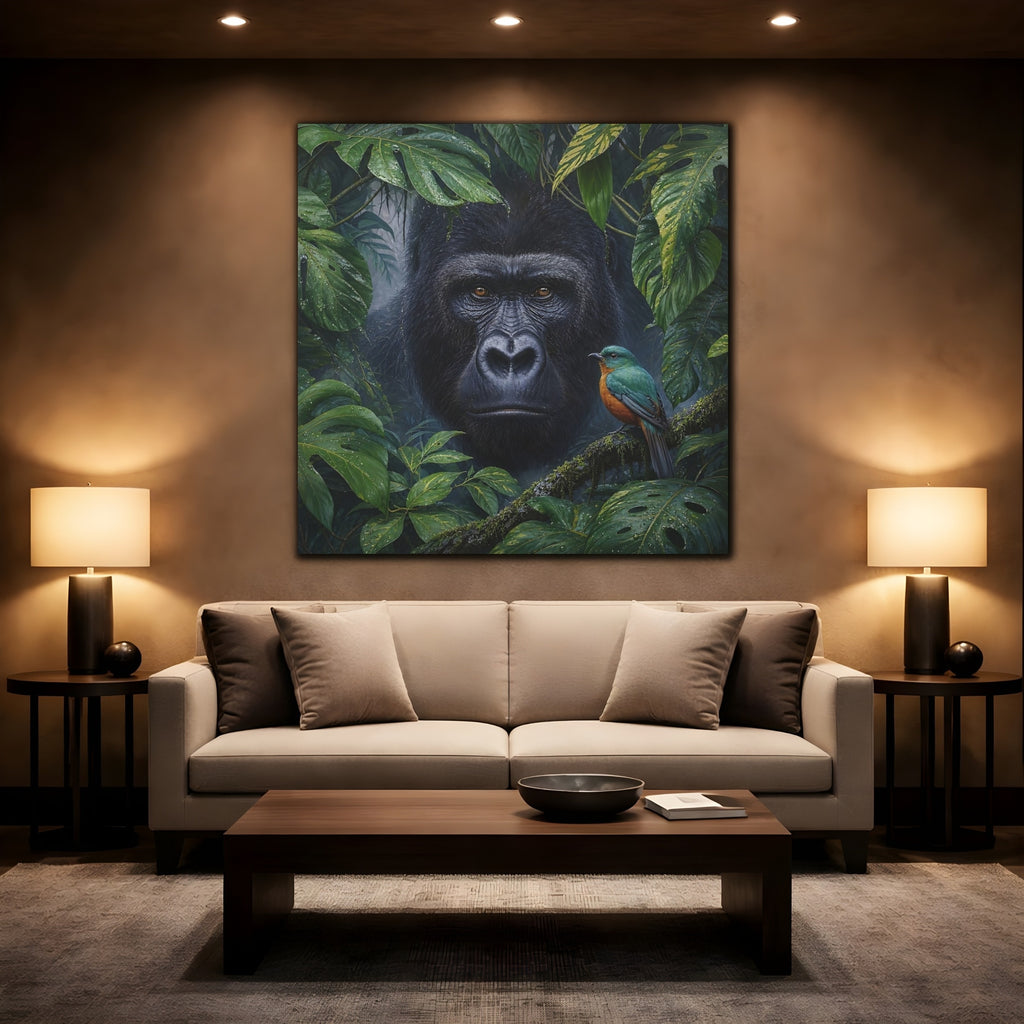 Mockup 2. Animals Gorilla, Bird Gorilla Jungle Green shown as stretched canvas wall art