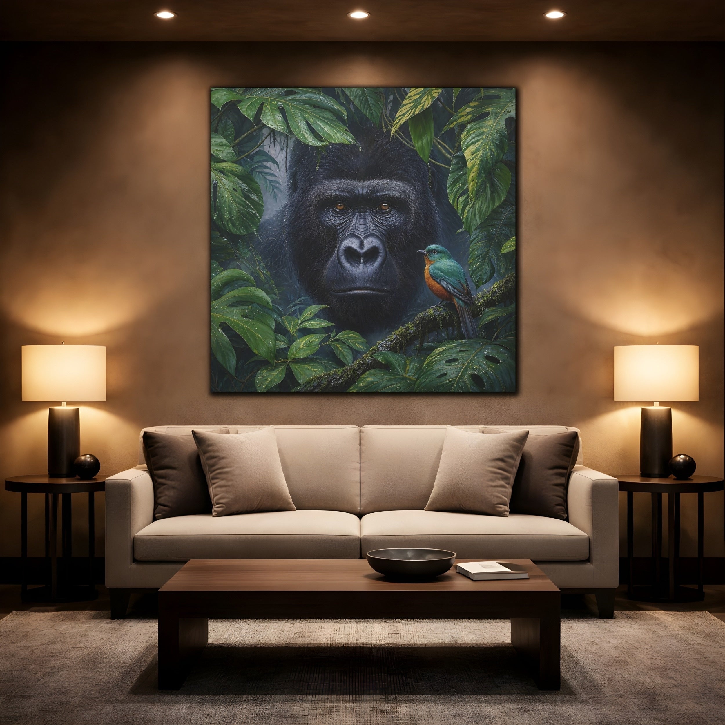 Mockup 2. Animals Gorilla, Bird Gorilla Jungle Green shown as stretched canvas wall art