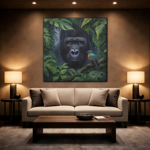 Mockup 2. Animals Gorilla, Bird Gorilla Jungle Green shown as stretched canvas wall art