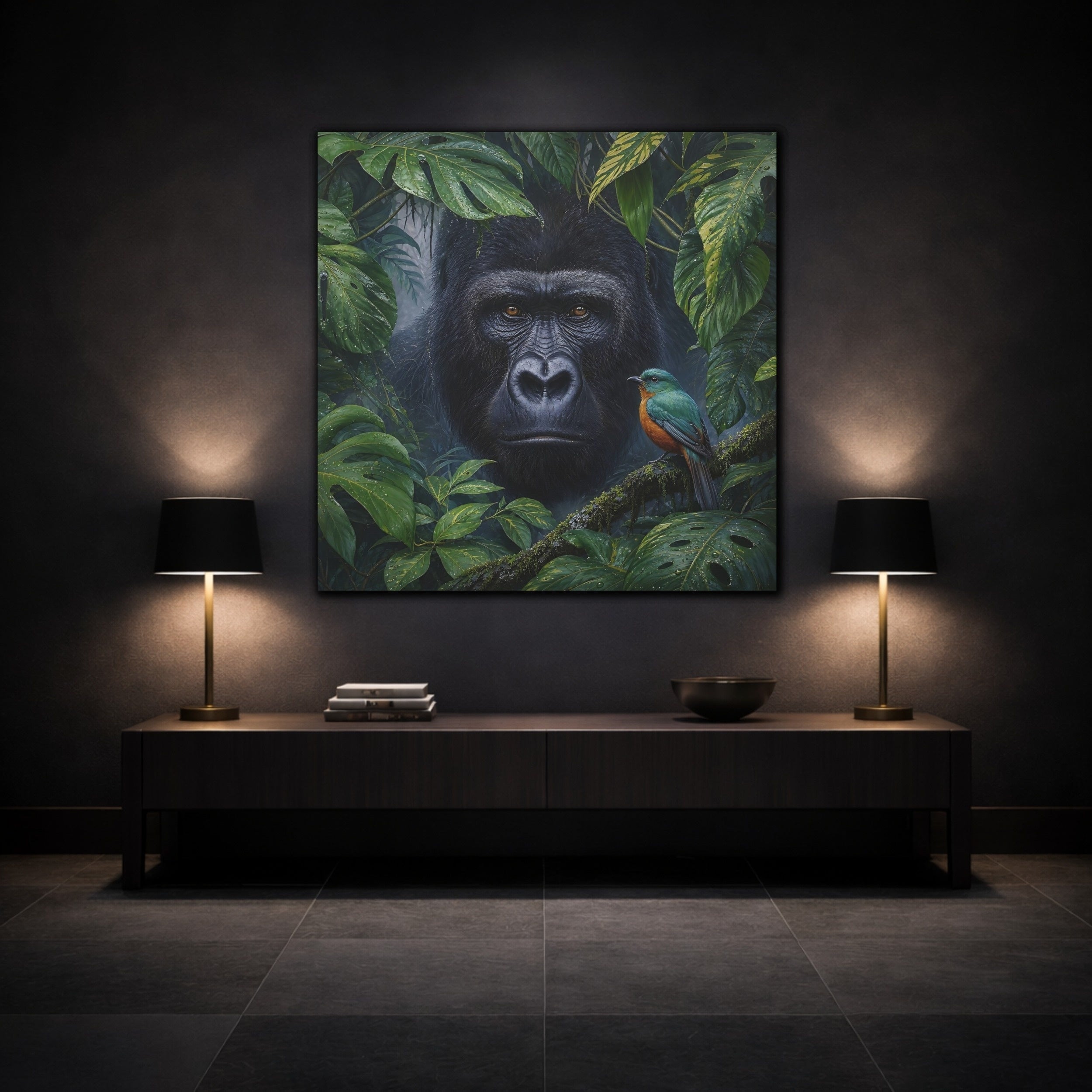 Mockup 3. Animals Gorilla, Bird Gorilla Jungle Green shown as stretched canvas wall art