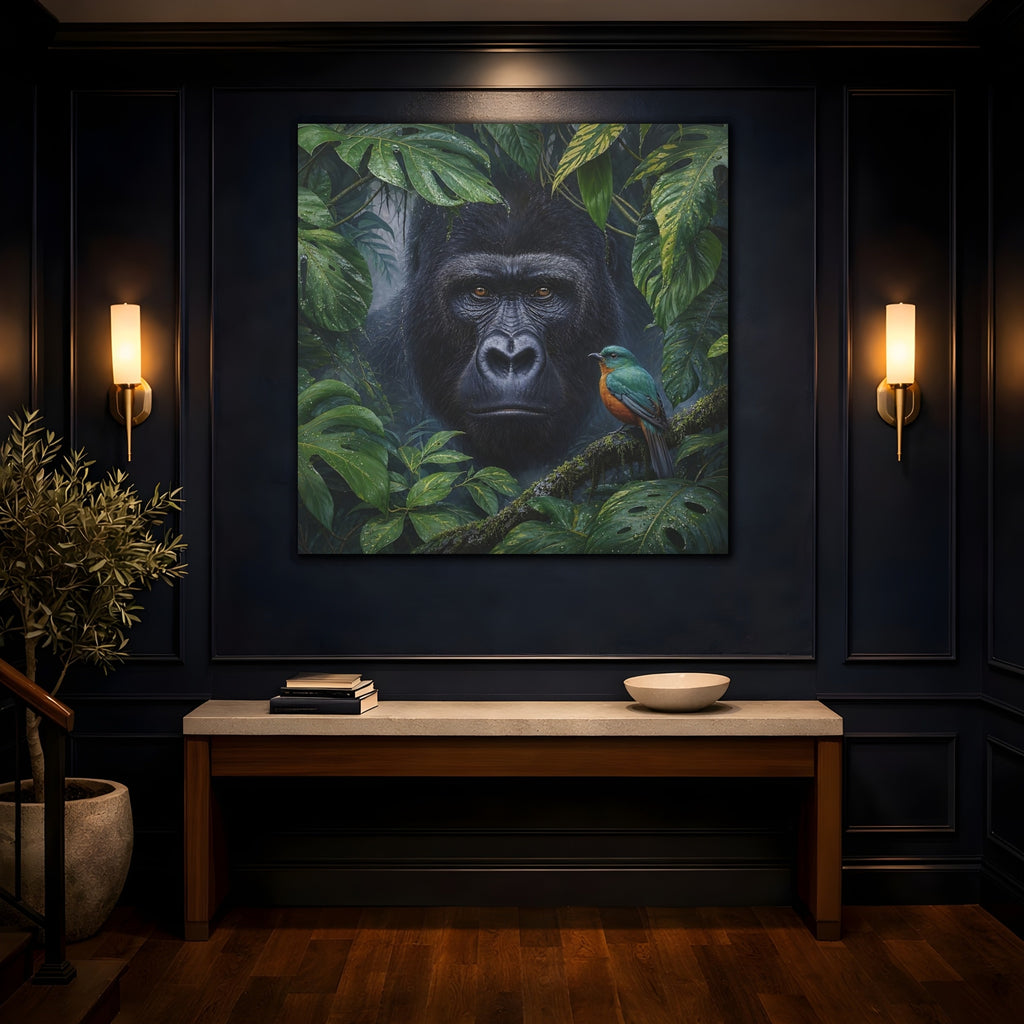 Mockup 4. Animals Gorilla, Bird Gorilla Jungle Green shown as stretched canvas wall art