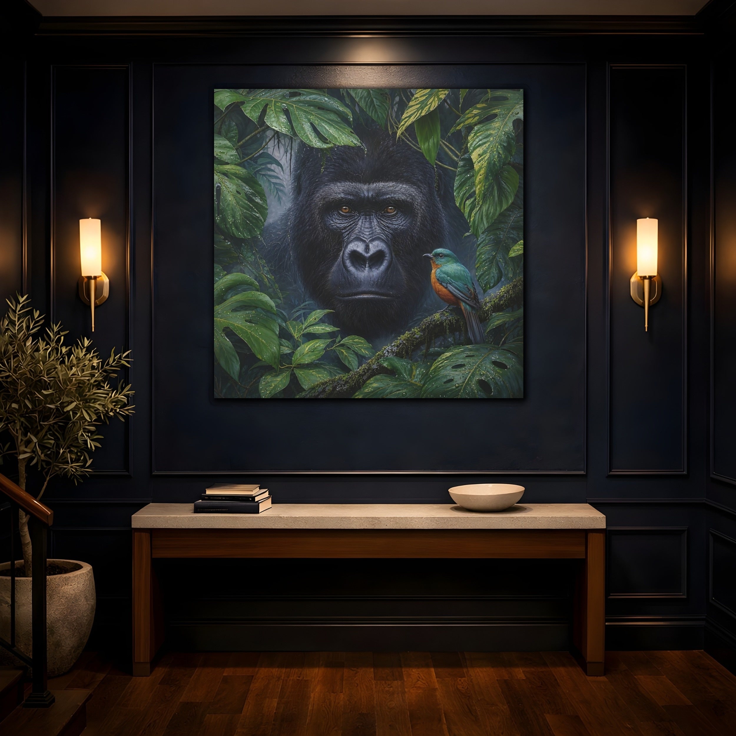 Mockup 4. Animals Gorilla, Bird Gorilla Jungle Green shown as stretched canvas wall art