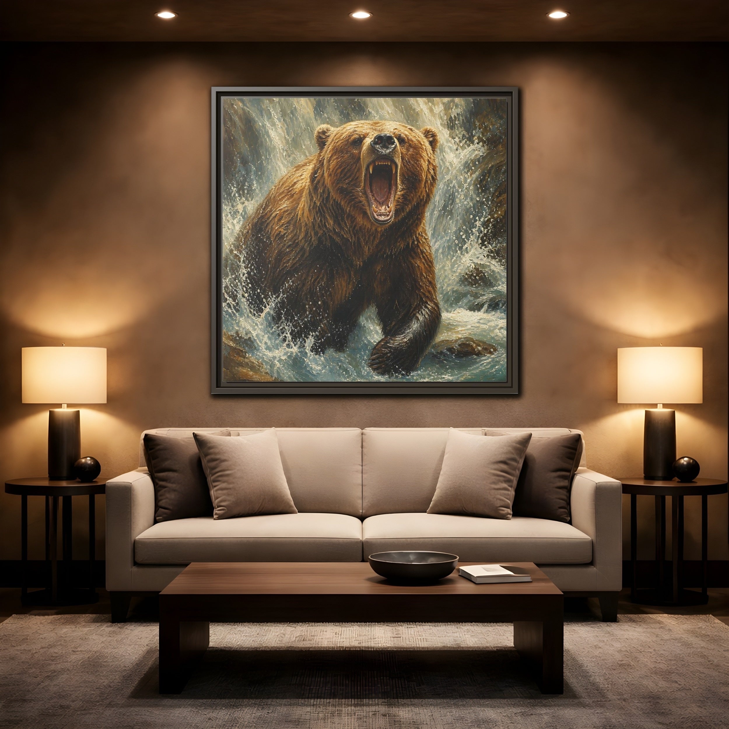 Mockup 2. Animals Grizzly Bear Brown And Blue shown as stretched canvas wall art