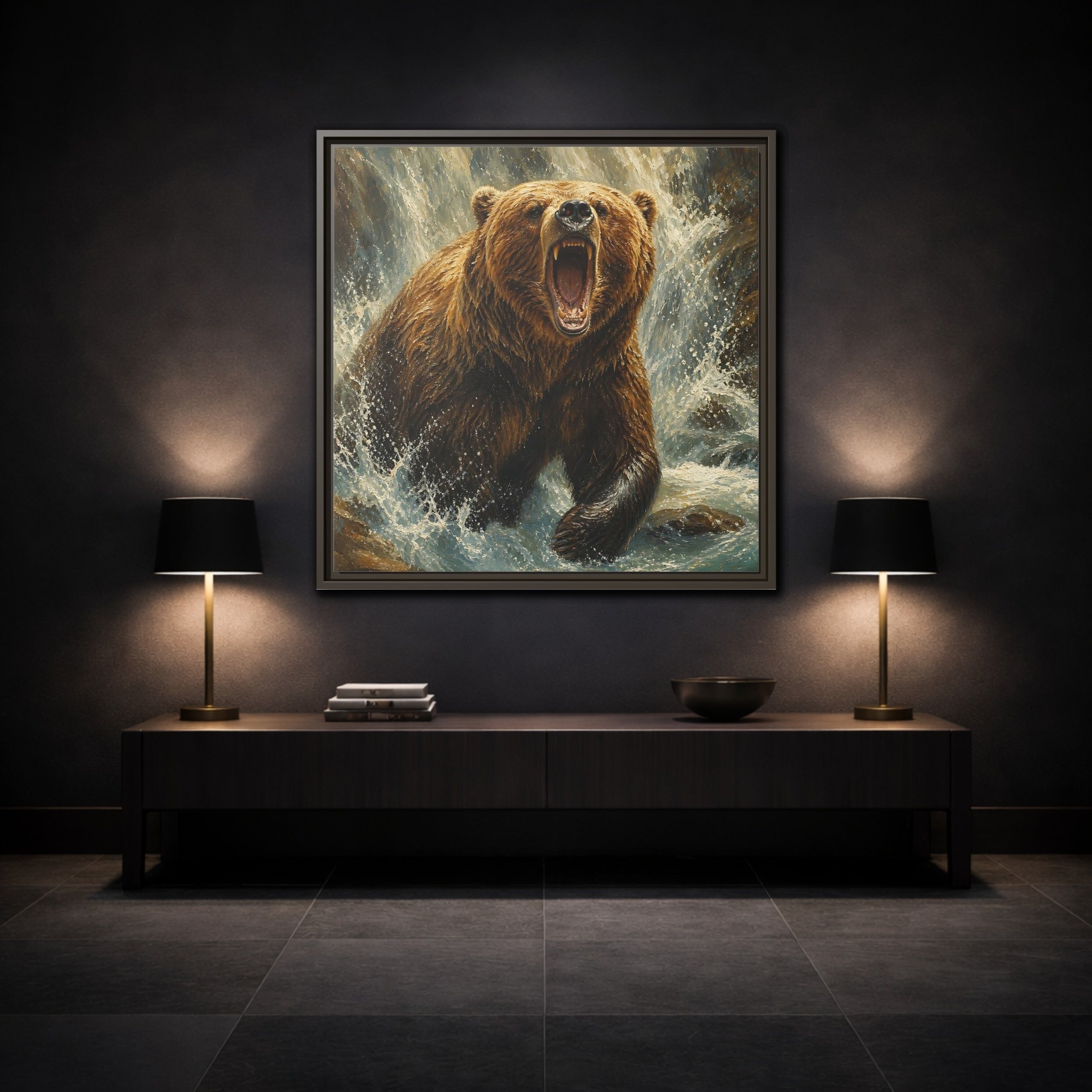Mockup 3. Animals Grizzly Bear Brown And Blue shown as stretched canvas wall art