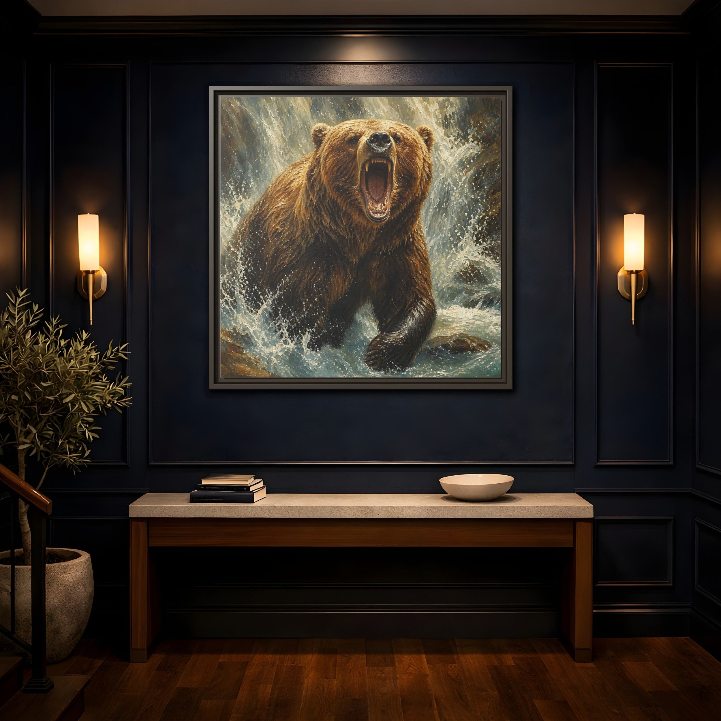 Mockup 4. Animals Grizzly Bear Brown And Blue shown as stretched canvas wall art