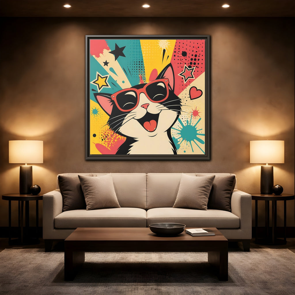 Mockup 2. Animals Happy Cat Colorful Cat shown as stretched canvas wall art