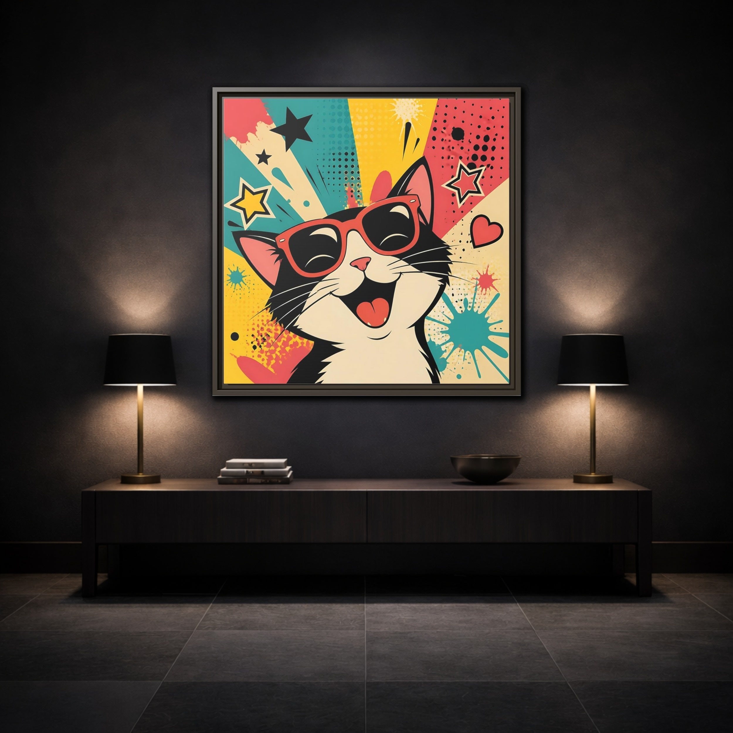 Mockup 3. Animals Happy Cat Colorful Cat shown as stretched canvas wall art