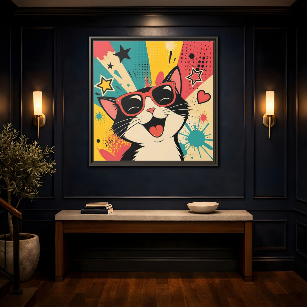 Mockup 4. Animals Happy Cat Colorful Cat shown as stretched canvas wall art