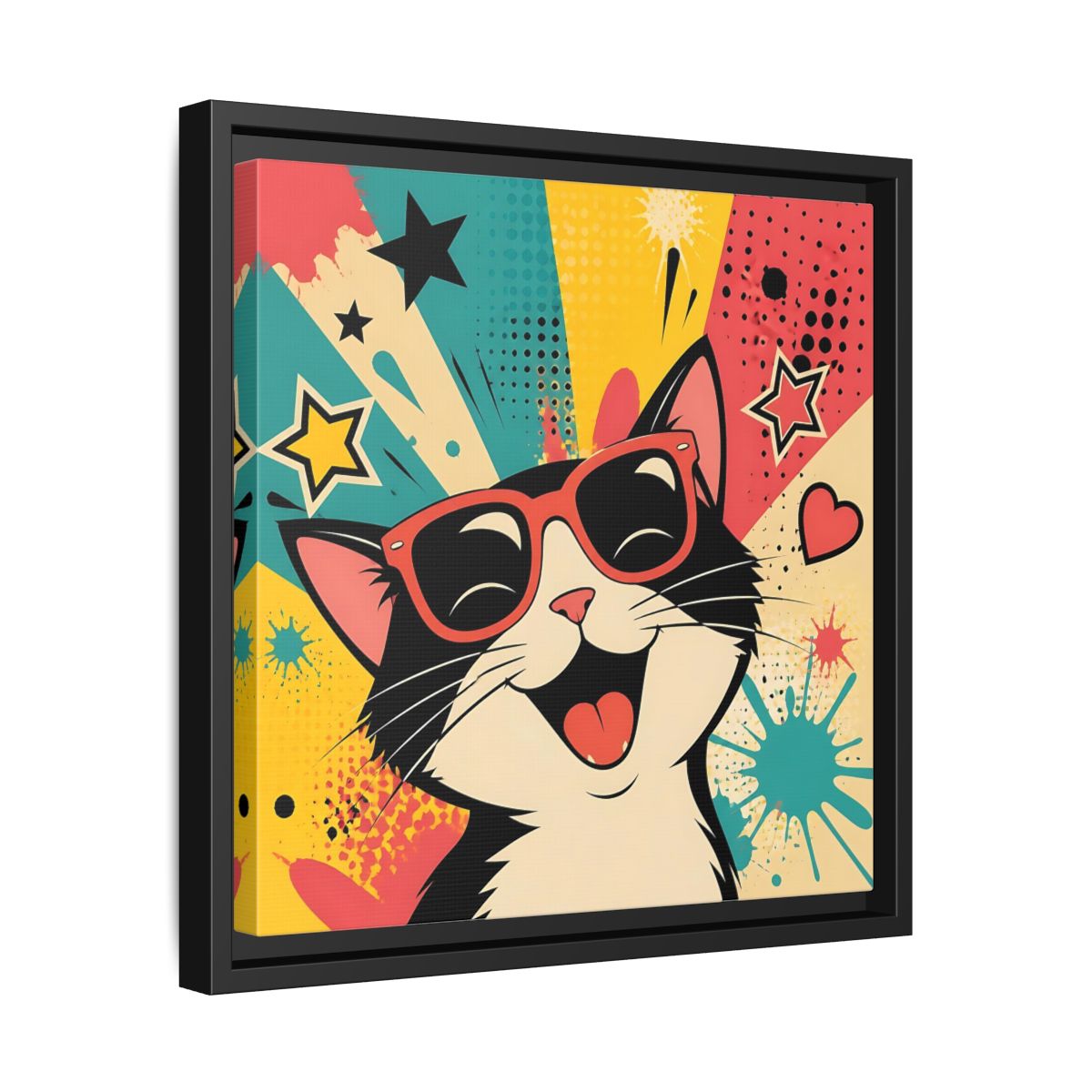 Side Mockup 32. Animals Happy Cat Colorful Cat shown as stretched canvas wall art