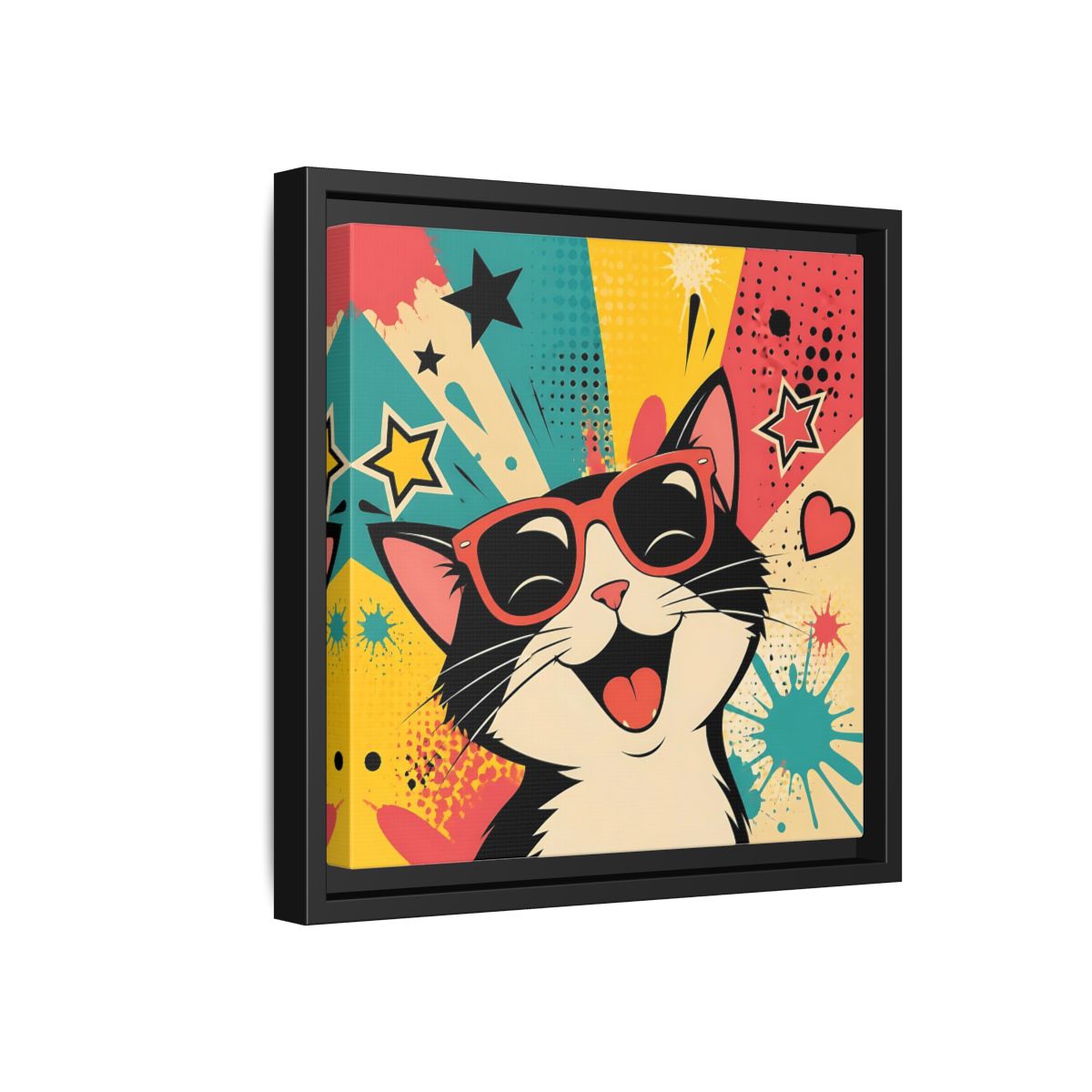 Side Mockup 18. Animals Happy Cat Colorful Cat shown as stretched canvas wall art