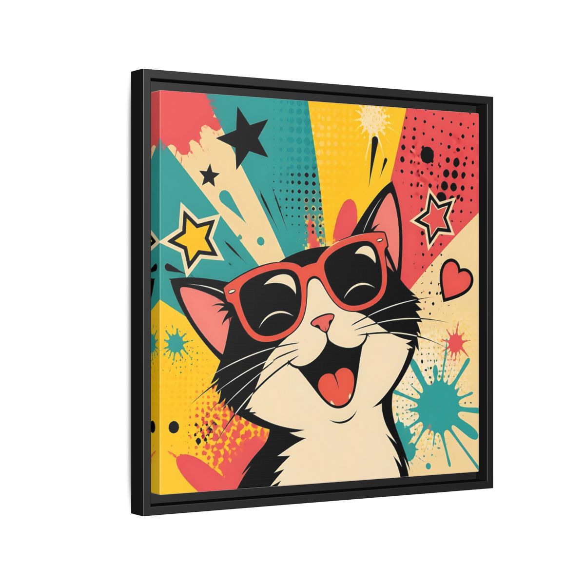 Side Mockup 12. Animals Happy Cat Colorful Cat shown as stretched canvas wall art