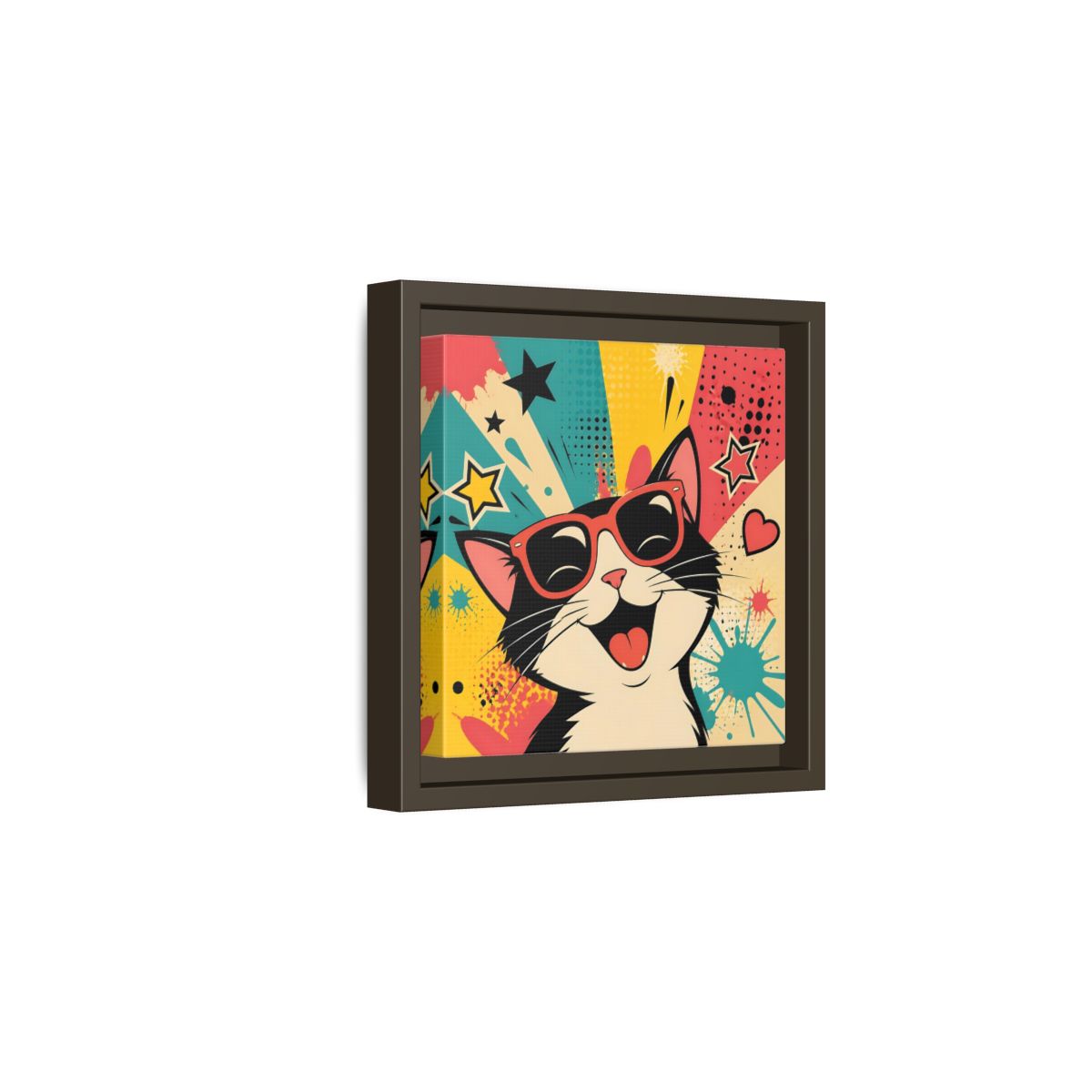 Side Mockup 2. Animals Happy Cat Colorful Cat shown as stretched canvas wall art