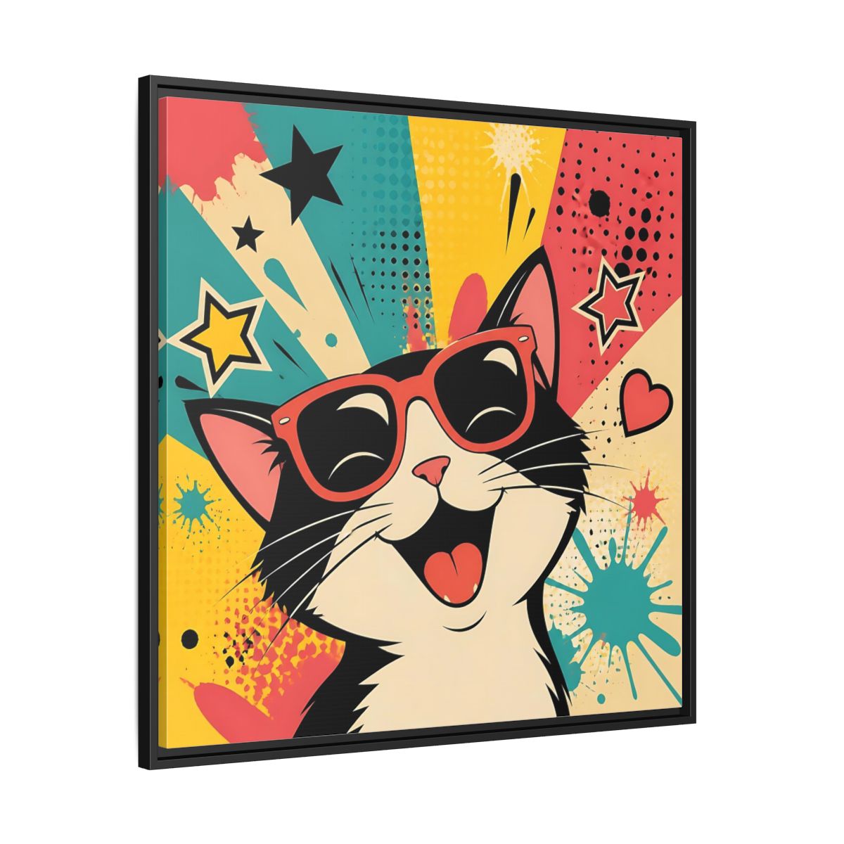 Side Mockup 30. Animals Happy Cat Colorful Cat shown as stretched canvas wall art
