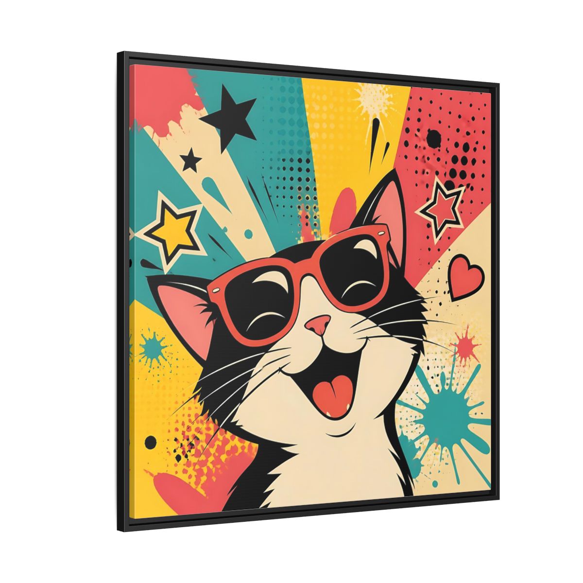 Side Mockup 6. Animals Happy Cat Colorful Cat shown as stretched canvas wall art