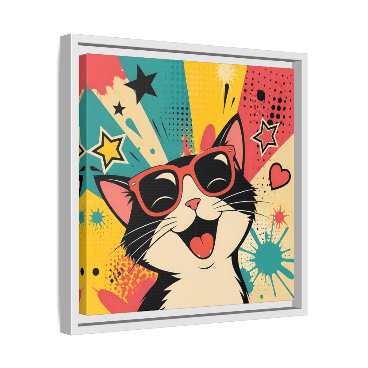 Side Mockup 28. Animals Happy Cat Colorful Cat shown as stretched canvas wall art