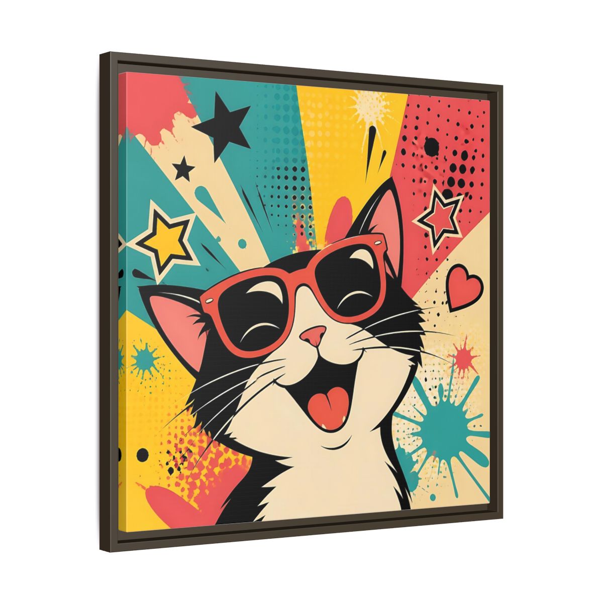 Side Mockup 27. Animals Happy Cat Colorful Cat shown as stretched canvas wall art