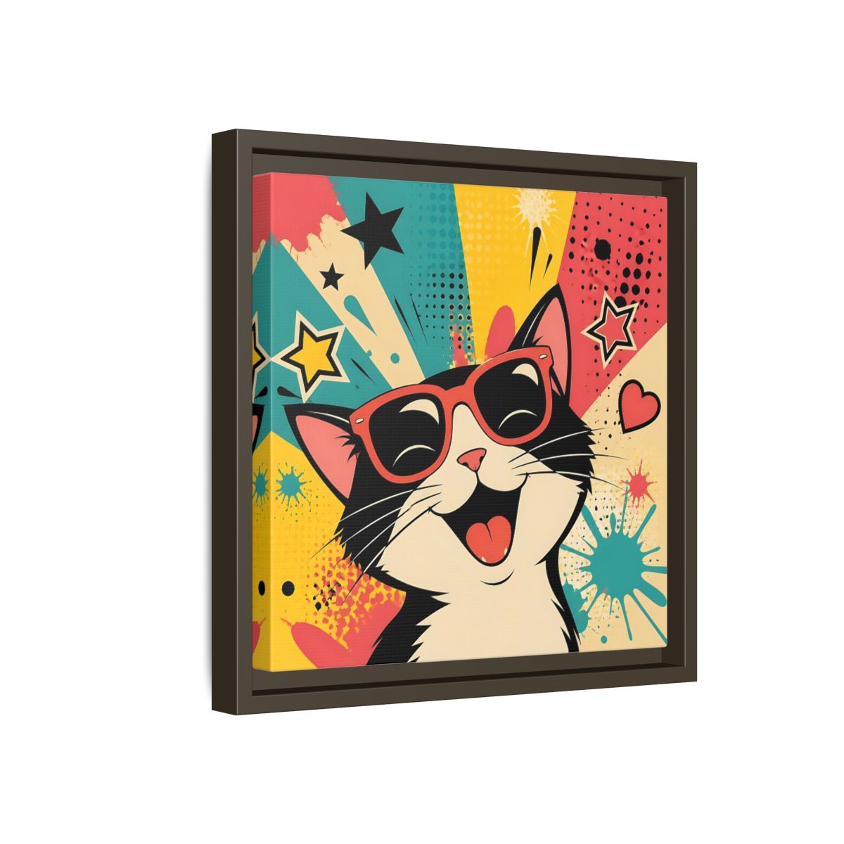 Side Mockup 17. Animals Happy Cat Colorful Cat shown as stretched canvas wall art