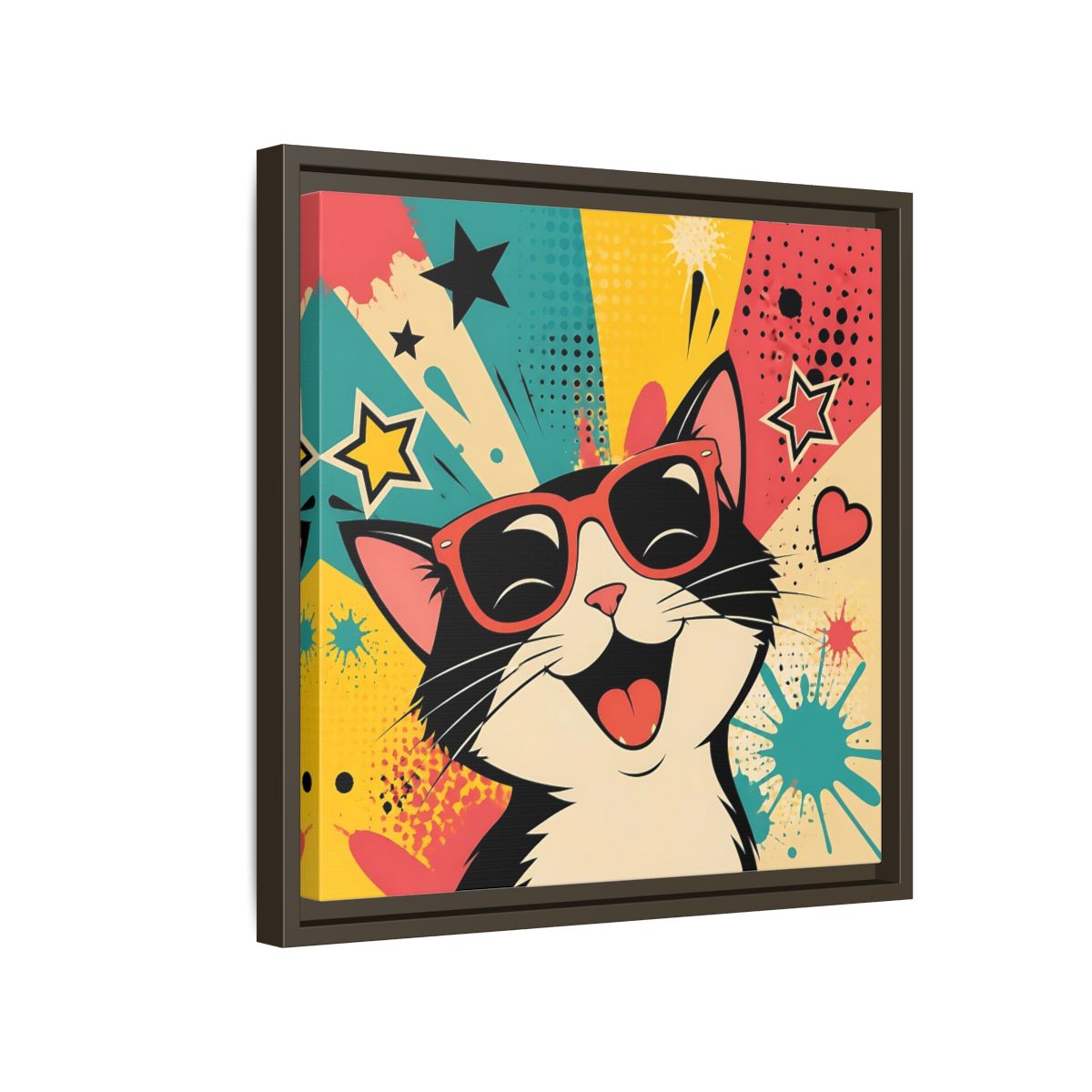 Side Mockup 14. Animals Happy Cat Colorful Cat shown as stretched canvas wall art