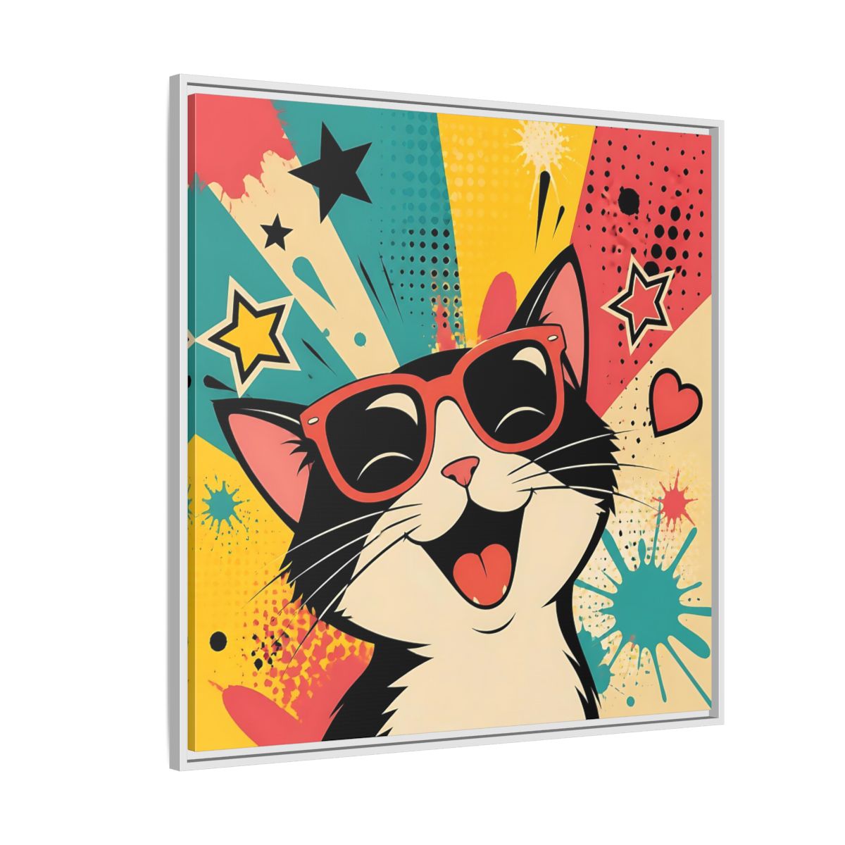 Side Mockup 4. Animals Happy Cat Colorful Cat shown as stretched canvas wall art