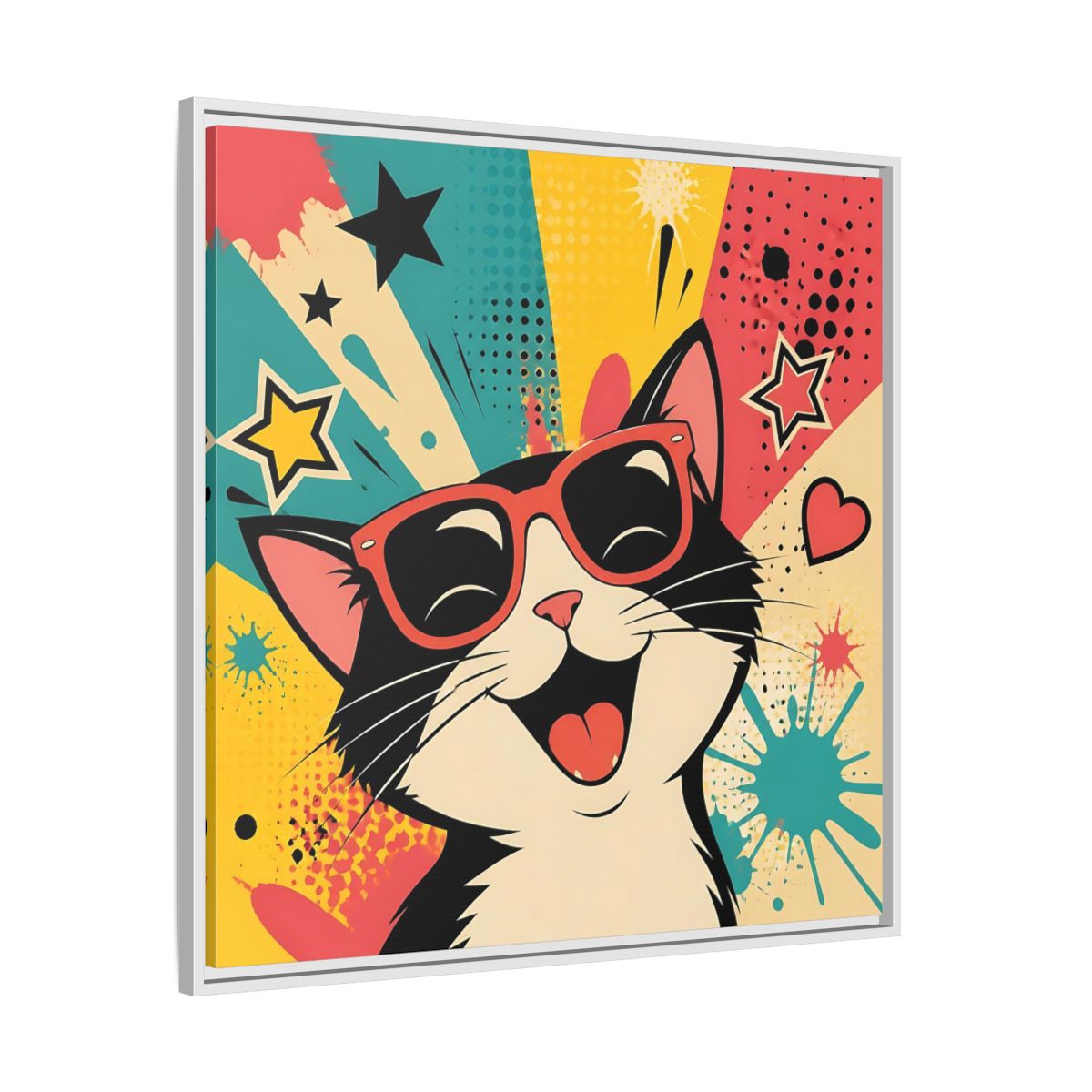 Side Mockup 25. Animals Happy Cat Colorful Cat shown as stretched canvas wall art
