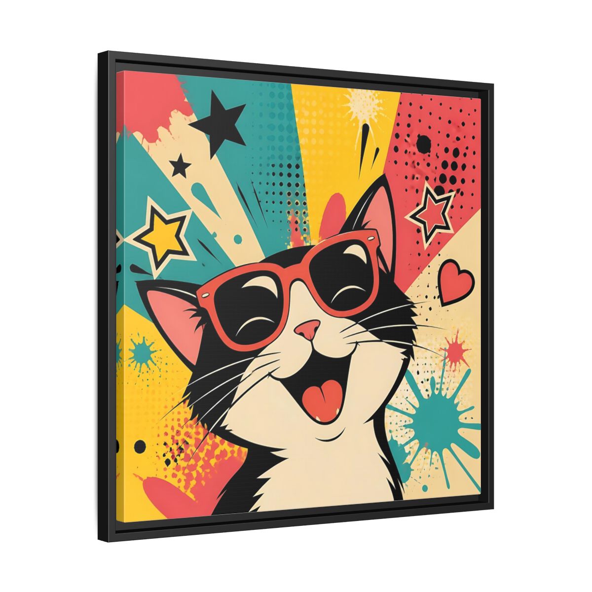 Side Mockup 31. Animals Happy Cat Colorful Cat shown as stretched canvas wall art