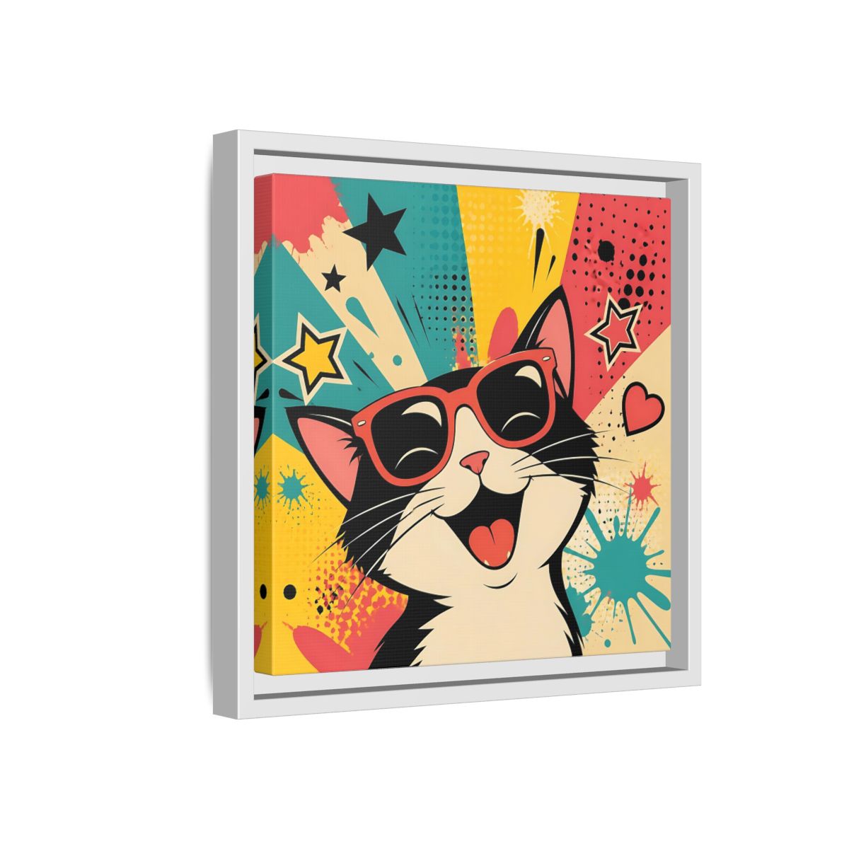 Side Mockup 16. Animals Happy Cat Colorful Cat shown as stretched canvas wall art