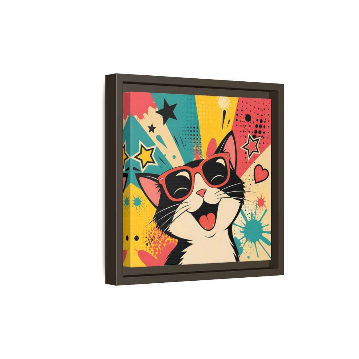 Side Mockup 20. Animals Happy Cat Colorful Cat shown as stretched canvas wall art