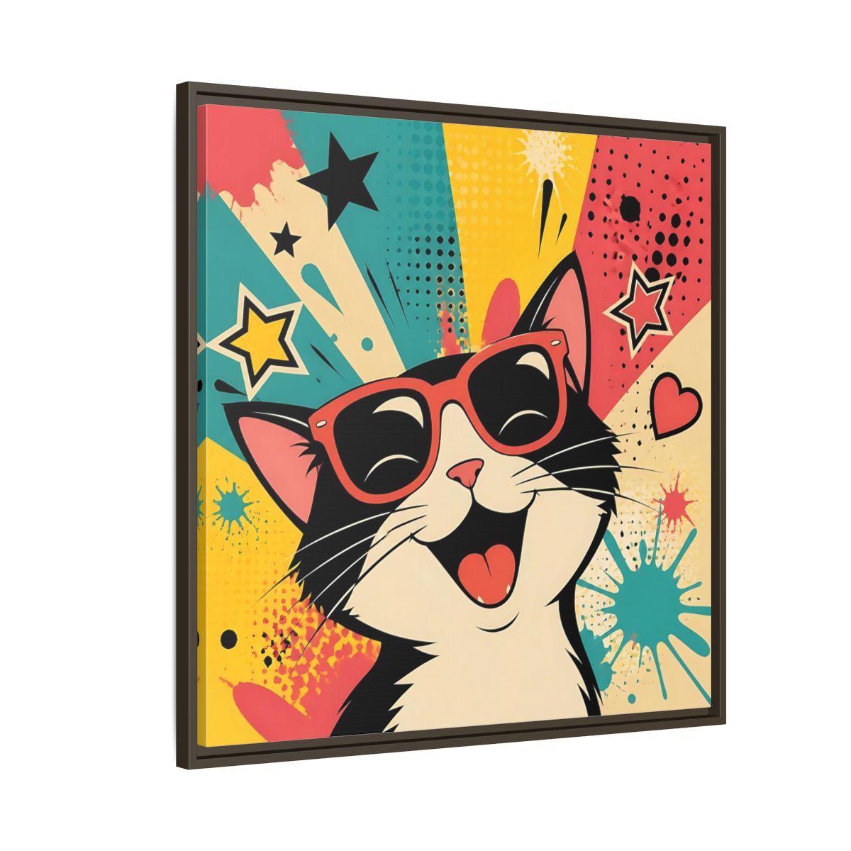 Side Mockup 8. Animals Happy Cat Colorful Cat shown as stretched canvas wall art