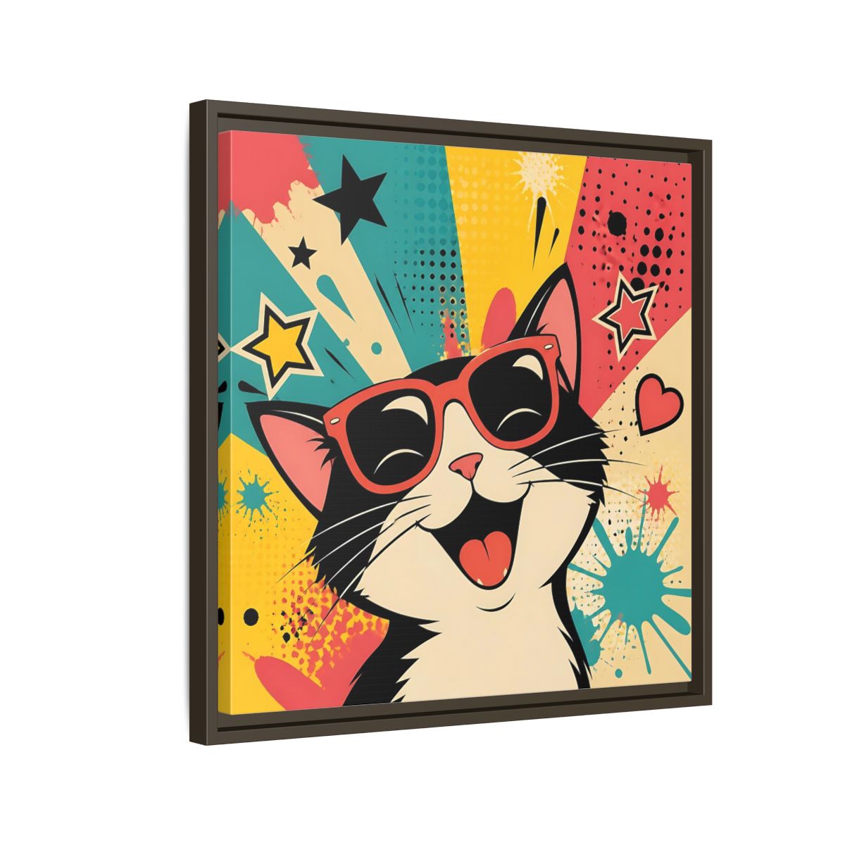 Side Mockup 11. Animals Happy Cat Colorful Cat shown as stretched canvas wall art