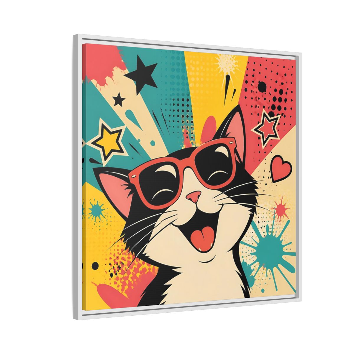 Side Mockup 7. Animals Happy Cat Colorful Cat shown as stretched canvas wall art