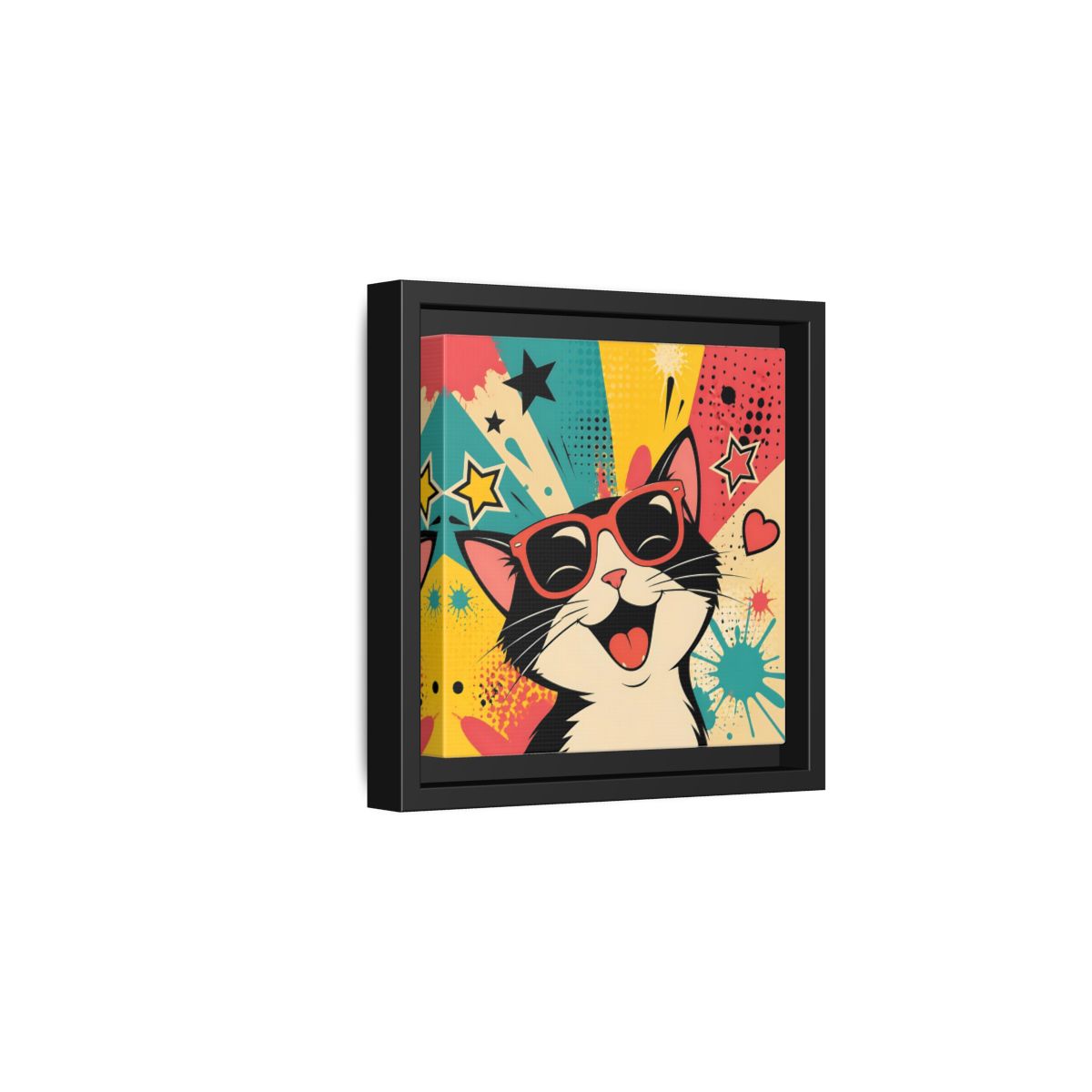 Side Mockup 3. Animals Happy Cat Colorful Cat shown as stretched canvas wall art