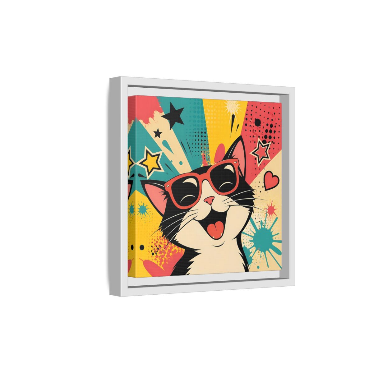 Side Mockup 19. Animals Happy Cat Colorful Cat shown as stretched canvas wall art